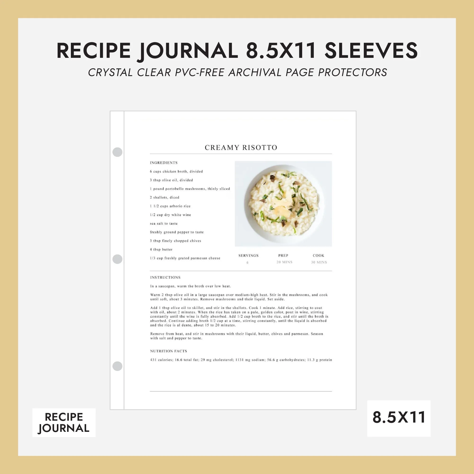 8.5x11 Recipe Journal Sheet Protectors (for 8.5 x 11 Documents) Set Of 10