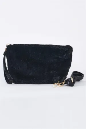 Black Faux Fur Hidden Magnetic Snap Button Closure Crossbody Bag / Clutch With Hidden Hand Strap Loop / 1 Bag