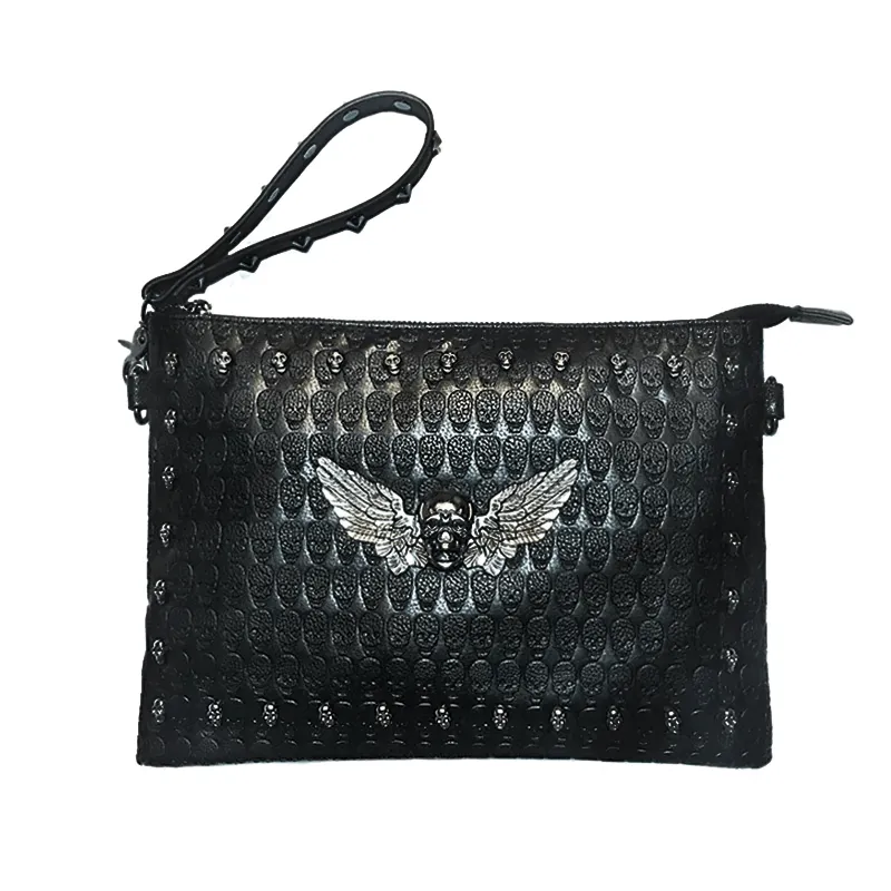 Black Unisex Shoulder Bag with Decorated Skull / Cool Handbag for Men and Women