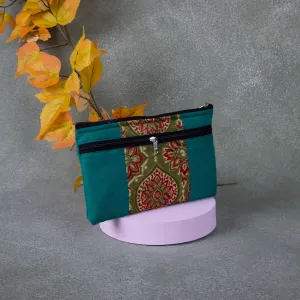 Cotton Multizip Purse Green with Red Flower Design.