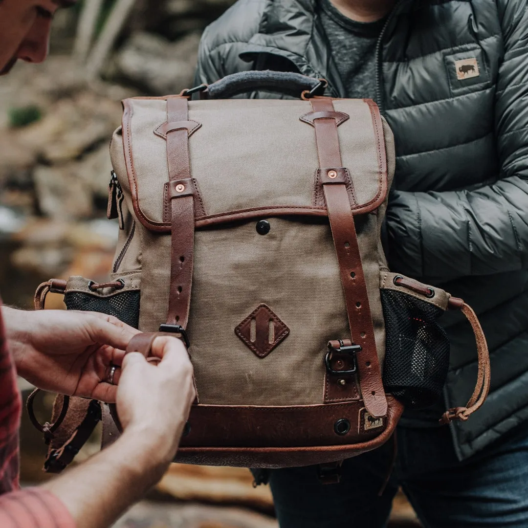 Dakota Waxed Canvas Commuter Backpack | Field Khaki w/ Chestnut Brown Leather