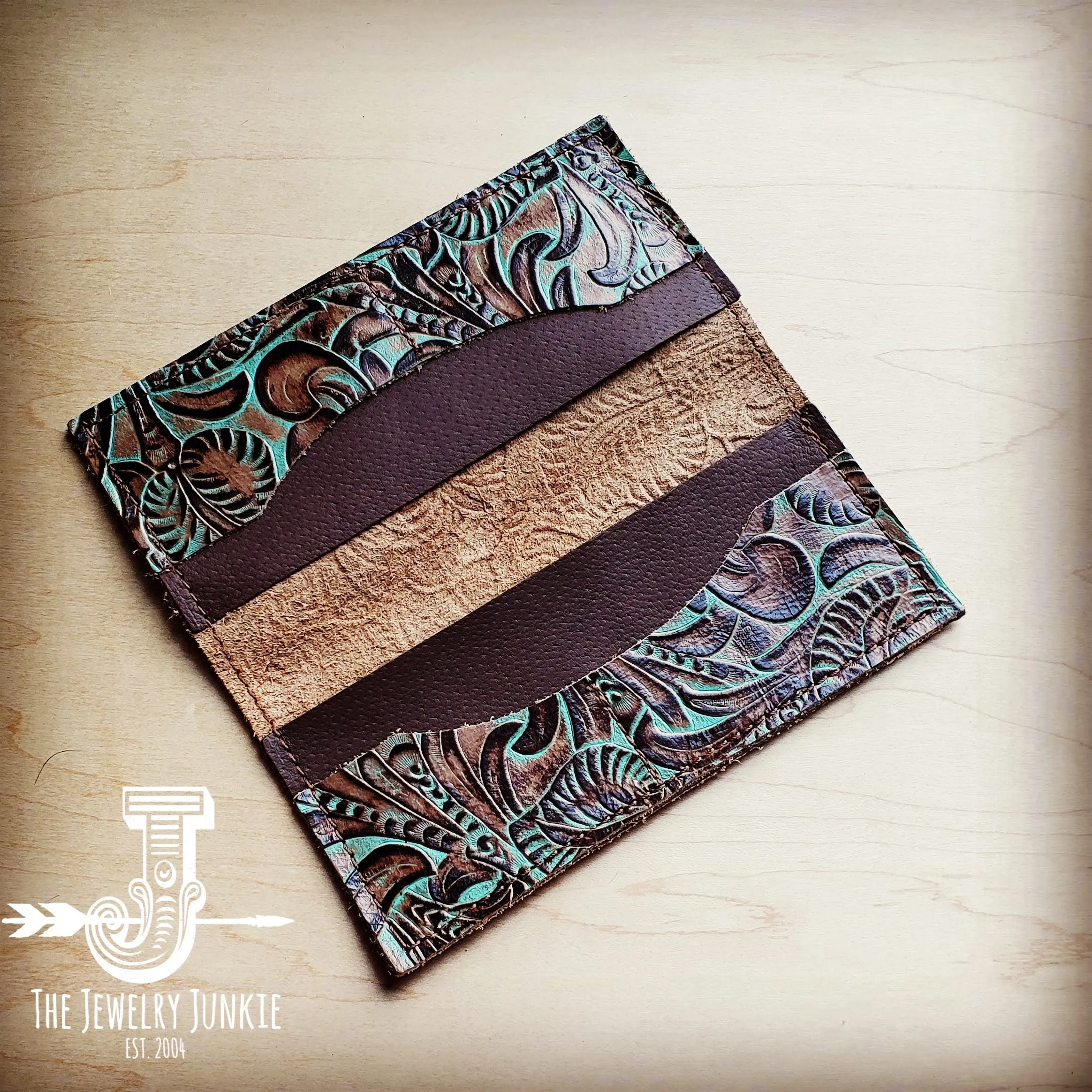 **Embossed Leather Wallet in Turquoise Brown Floral 301e