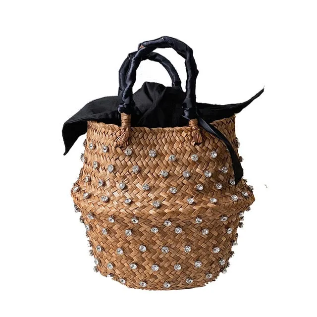 Hand-sewn Rhinestone Embellished Straw Bag