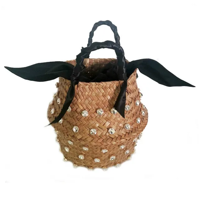 Hand-sewn Rhinestone Embellished Straw Bag