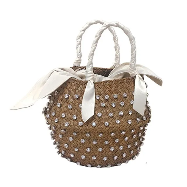 Hand-sewn Rhinestone Embellished Straw Bag