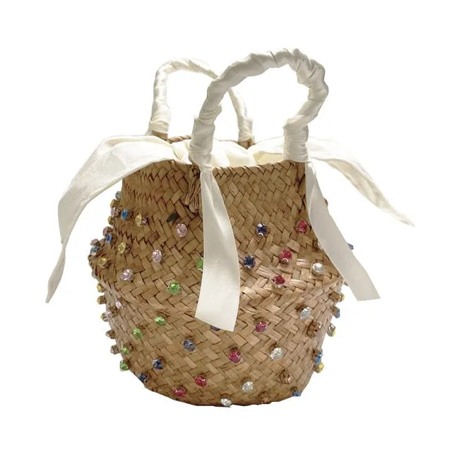 Hand-sewn Rhinestone Embellished Straw Bag