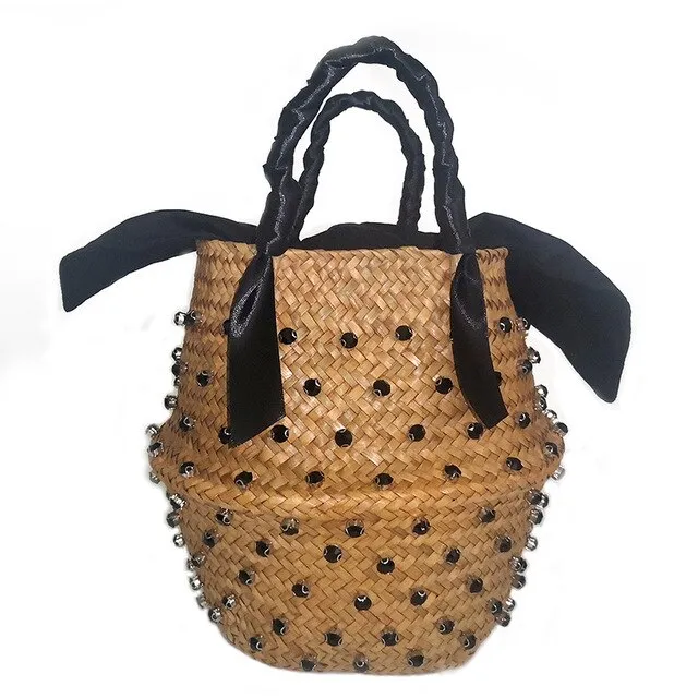 Hand-sewn Rhinestone Embellished Straw Bag