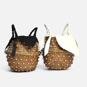 Hand-sewn Rhinestone Embellished Straw Bag