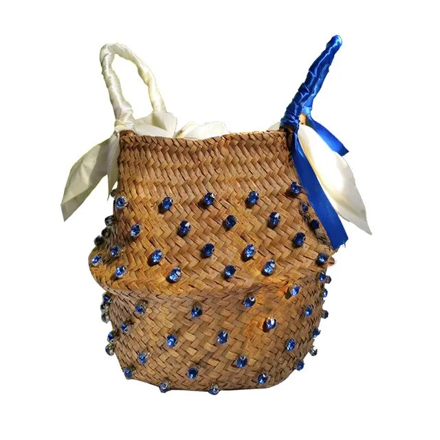 Hand-sewn Rhinestone Embellished Straw Bag