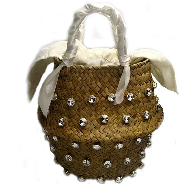 Hand-sewn Rhinestone Embellished Straw Bag