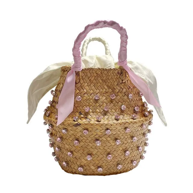 Hand-sewn Rhinestone Embellished Straw Bag