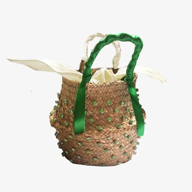 Hand-sewn Rhinestone Embellished Straw Bag