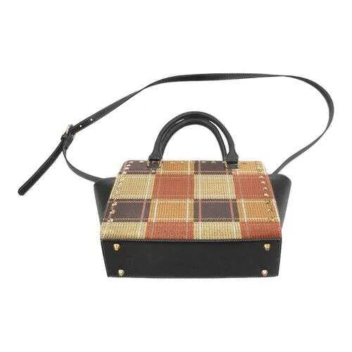 Handbags, Brown Checker Rivet Style Top-Handle Bag