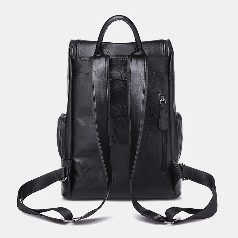 Men PU Leather Lightweight Waterproof Multi-pocket Backpack Retro 14 Inch Laptop Bag Shoulder Student