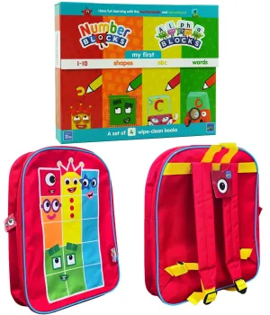 Numberblocks And Alphablocks Wipe Clean 4 Books & Numberblocks Red Backpack Bundle - Ages 1-7 - Paperback