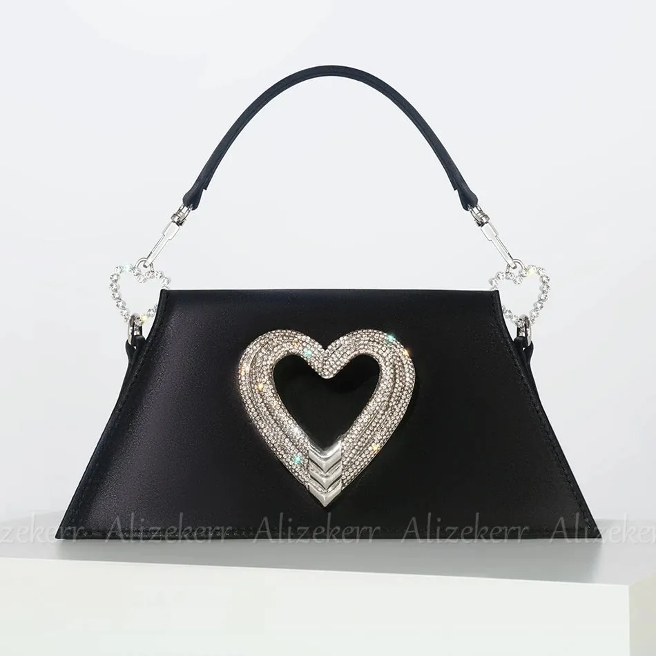 Rhinestone Heart Shaped Satin Handbags and Purses