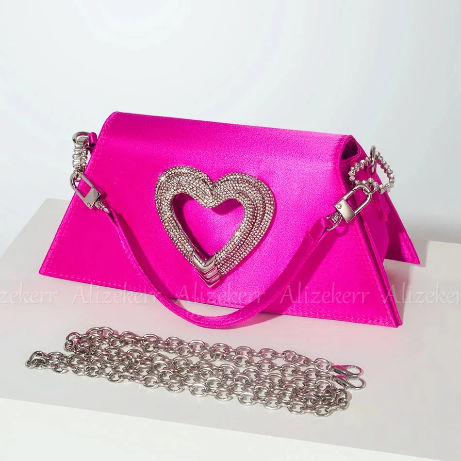 Rhinestone Heart Shaped Satin Handbags and Purses