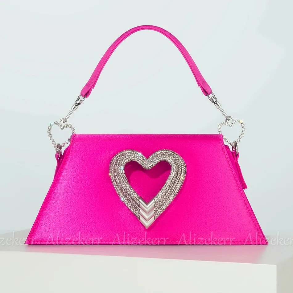 Rhinestone Heart Shaped Satin Handbags and Purses