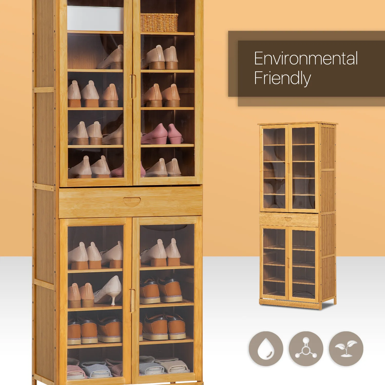 Visible Four-Doors Shoe Organizer w/Drawer - Bamboo/Acrylic - Natural