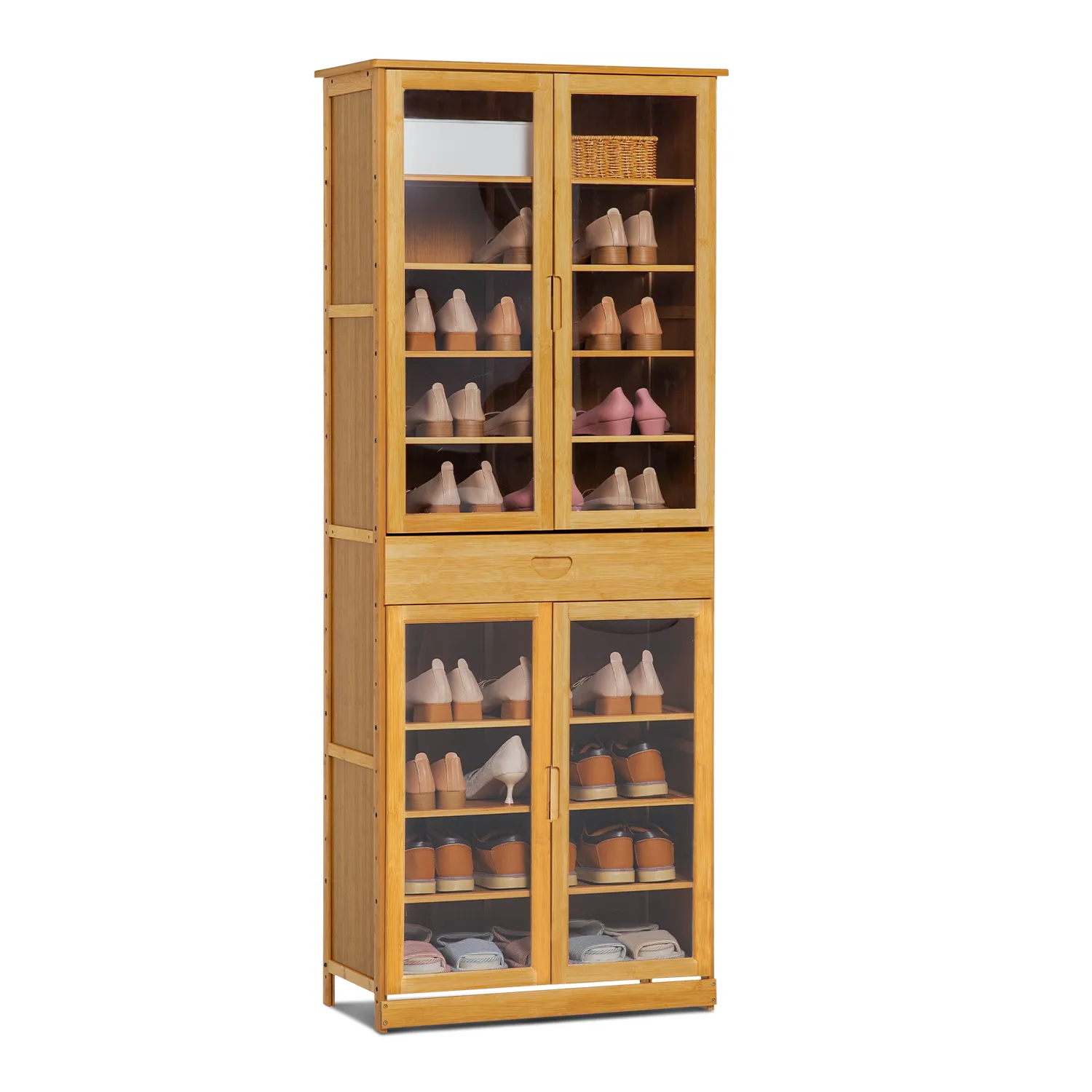 Visible Four-Doors Shoe Organizer w/Drawer - Bamboo/Acrylic - Natural