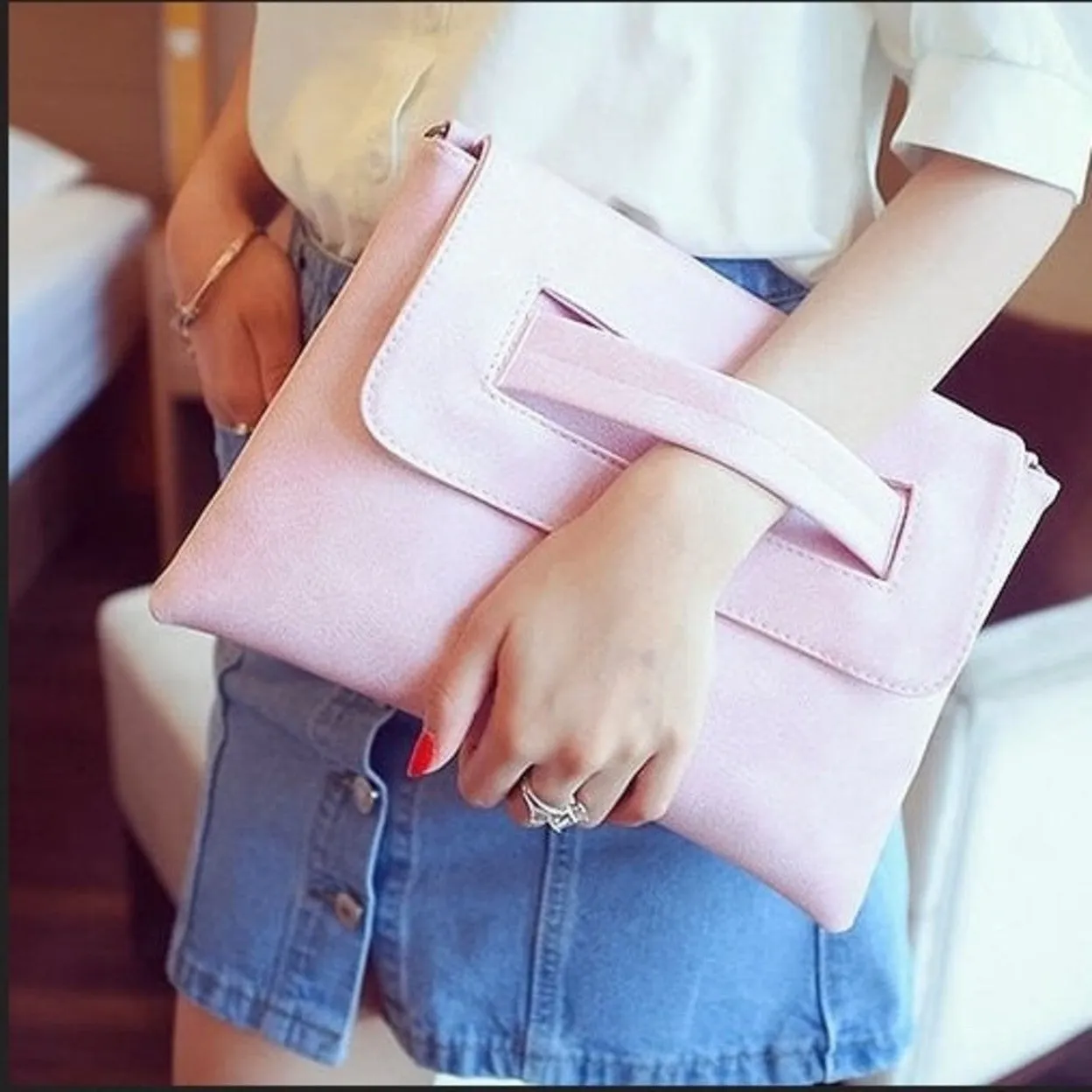 Womens Faux Leather Envelope Clutch Bag