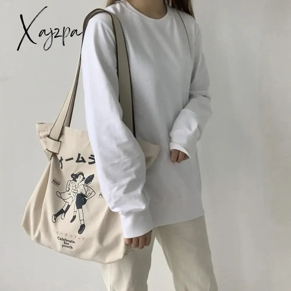 Xajzpa - Canvas Tote Bag for Women Designer Handbag Brand Lady's Shopper Japanese Style Retro Cartoon Print Girls Shoulder Bag