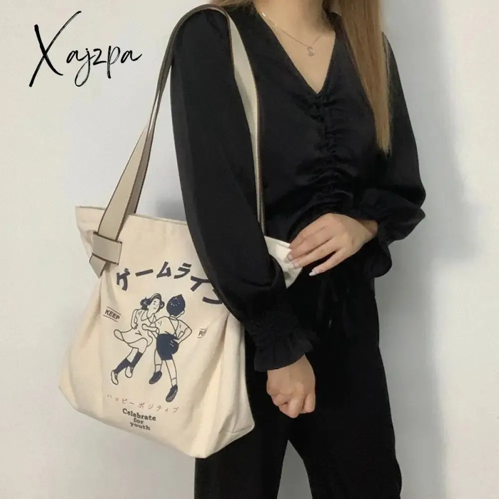 Xajzpa - Canvas Tote Bag for Women Designer Handbag Brand Lady's Shopper Japanese Style Retro Cartoon Print Girls Shoulder Bag