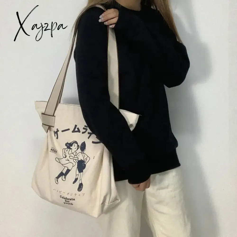 Xajzpa - Canvas Tote Bag for Women Designer Handbag Brand Lady's Shopper Japanese Style Retro Cartoon Print Girls Shoulder Bag