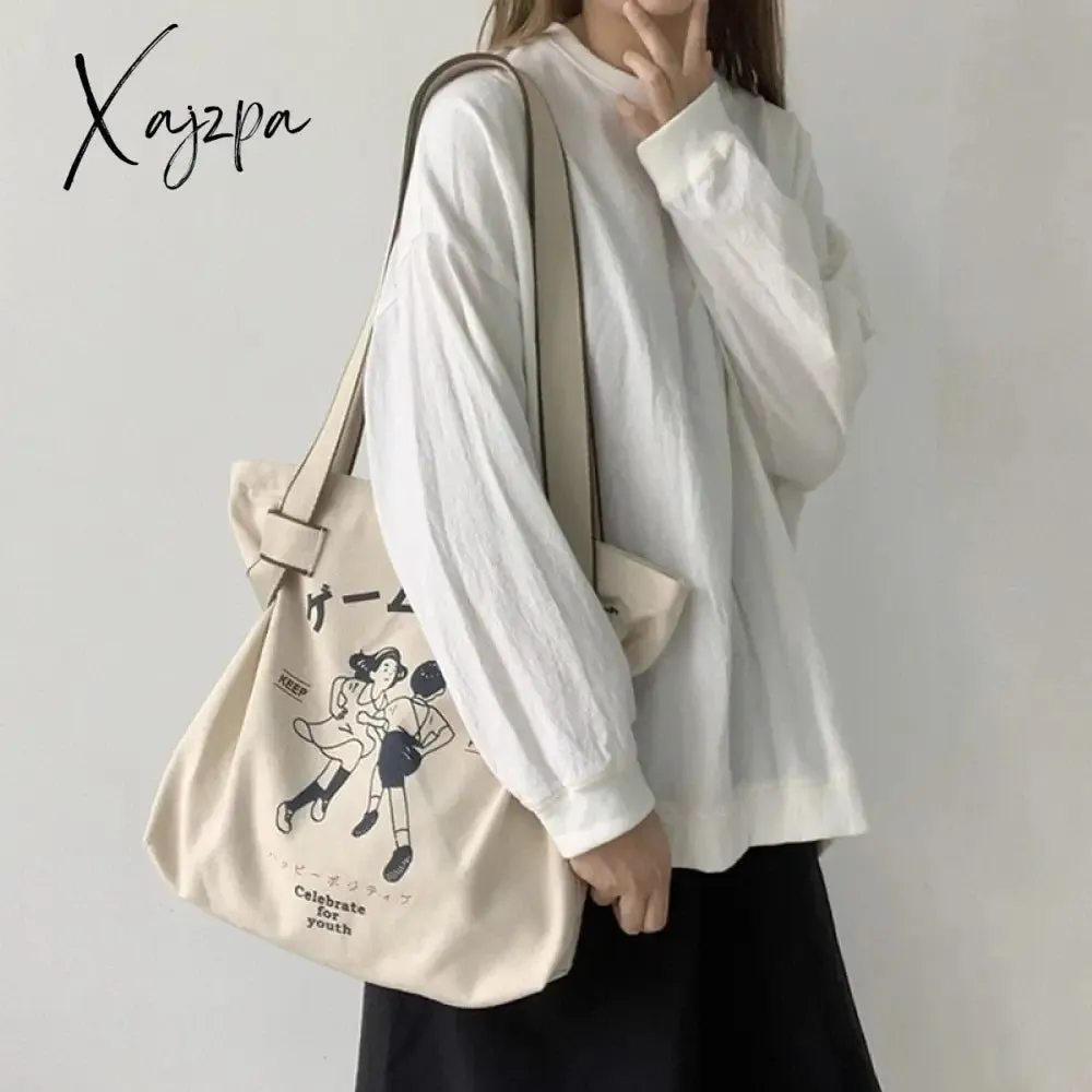 Xajzpa - Canvas Tote Bag for Women Designer Handbag Brand Lady's Shopper Japanese Style Retro Cartoon Print Girls Shoulder Bag