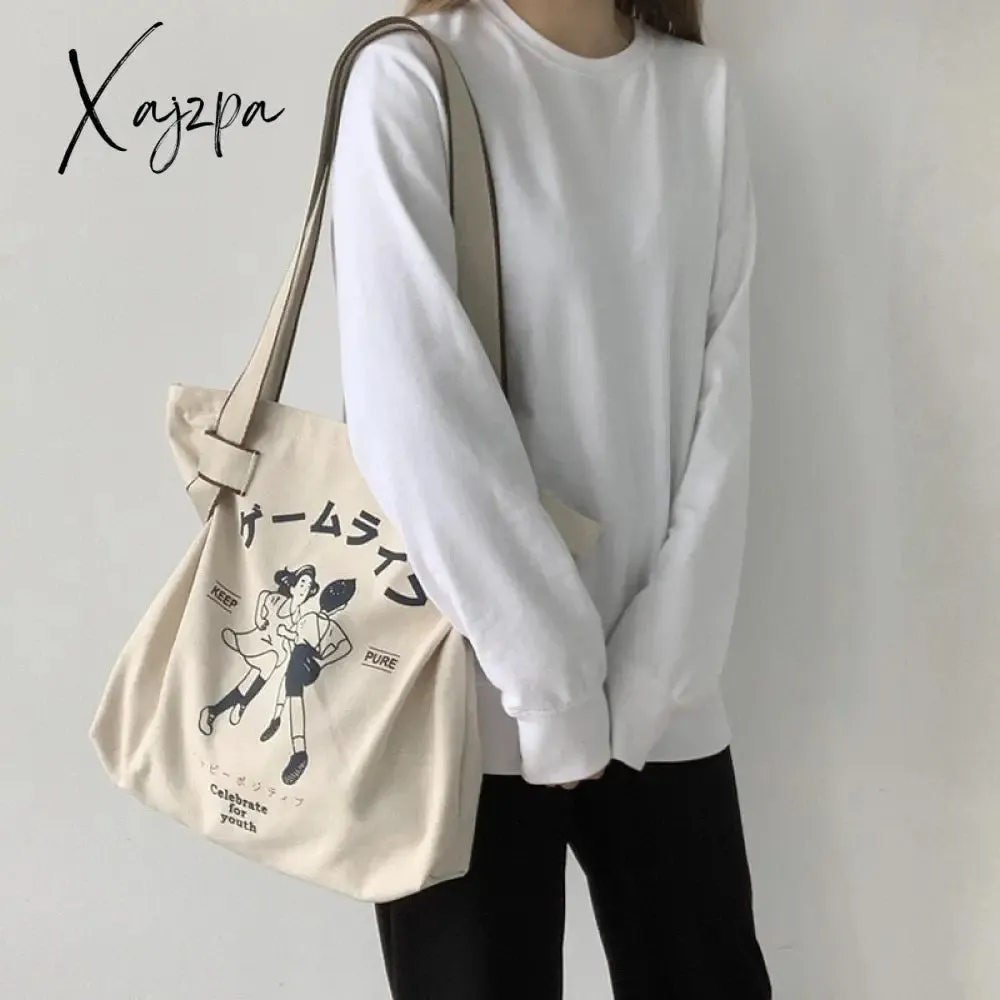 Xajzpa - Canvas Tote Bag for Women Designer Handbag Brand Lady's Shopper Japanese Style Retro Cartoon Print Girls Shoulder Bag