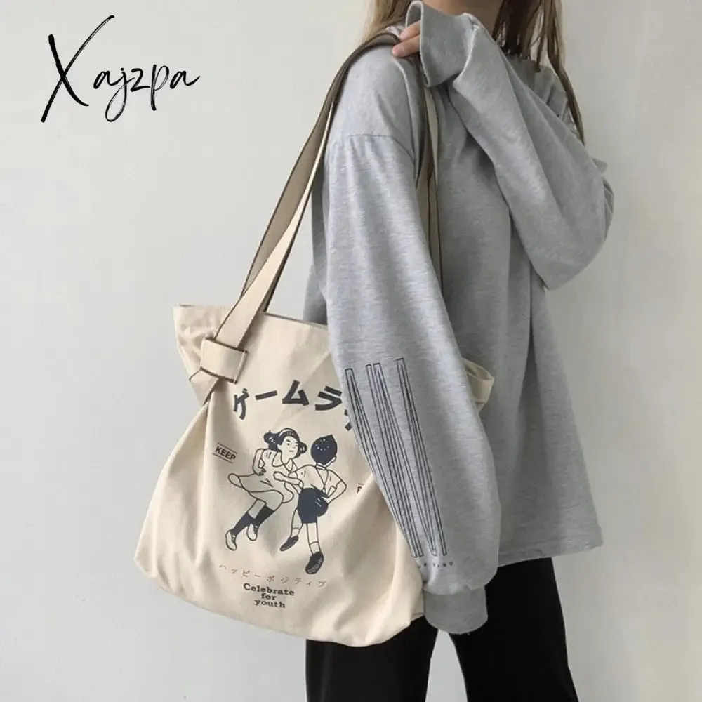 Xajzpa - Canvas Tote Bag for Women Designer Handbag Brand Lady's Shopper Japanese Style Retro Cartoon Print Girls Shoulder Bag