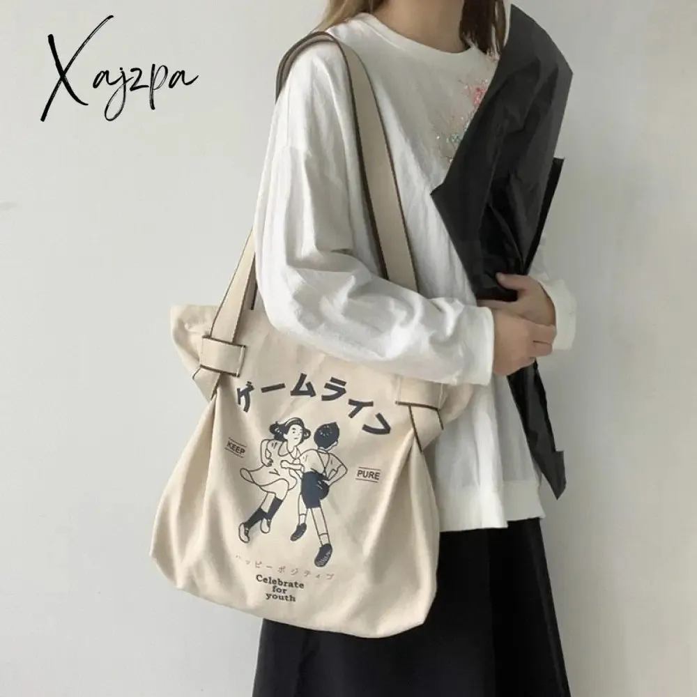 Xajzpa - Canvas Tote Bag for Women Designer Handbag Brand Lady's Shopper Japanese Style Retro Cartoon Print Girls Shoulder Bag