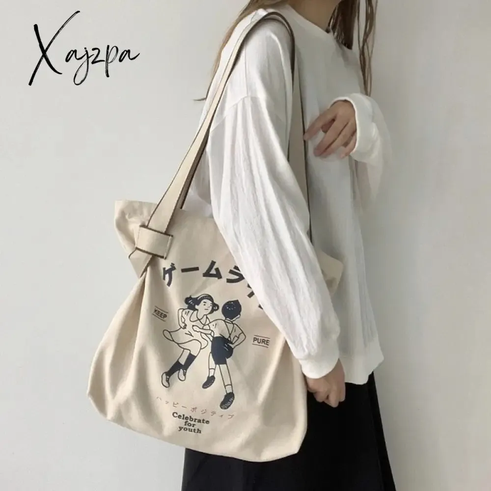 Xajzpa - Canvas Tote Bag for Women Designer Handbag Brand Lady's Shopper Japanese Style Retro Cartoon Print Girls Shoulder Bag