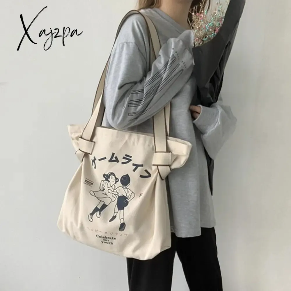 Xajzpa - Canvas Tote Bag for Women Designer Handbag Brand Lady's Shopper Japanese Style Retro Cartoon Print Girls Shoulder Bag