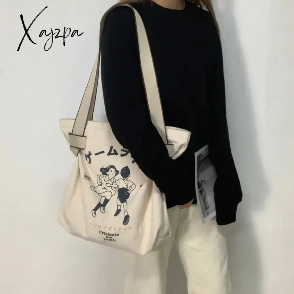 Xajzpa - Canvas Tote Bag for Women Designer Handbag Brand Lady's Shopper Japanese Style Retro Cartoon Print Girls Shoulder Bag